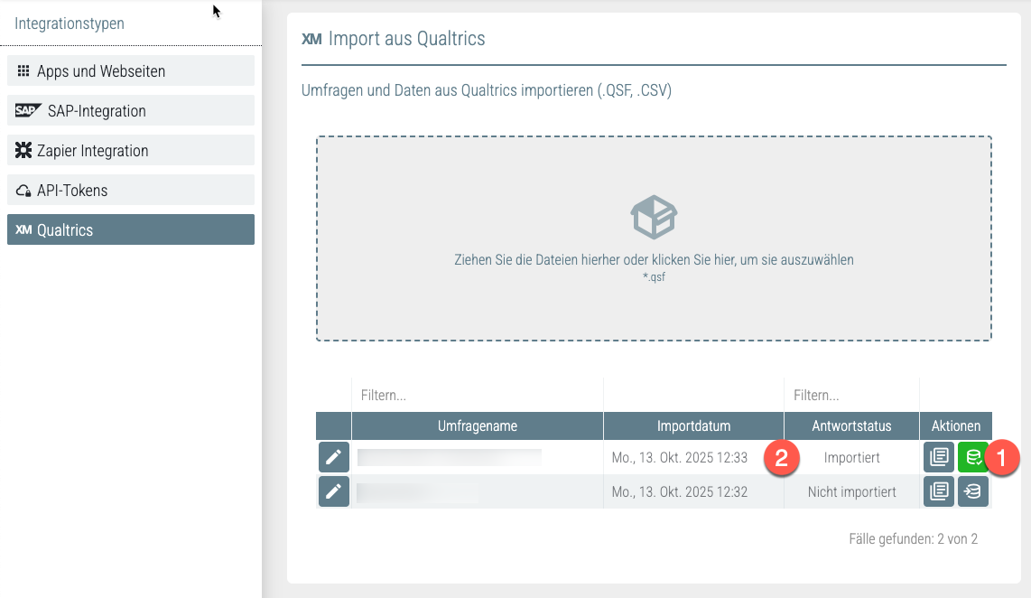 Import responses — select the .csv file