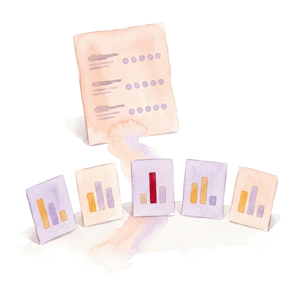 Watercolor illustration: a questionnaire next to a row of course cards, each with a small chart, one card highlighted, no people.