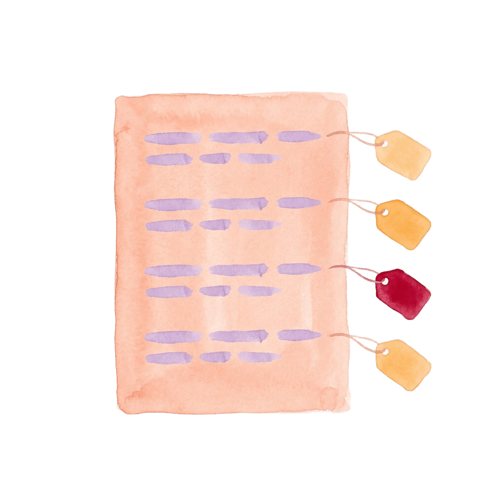 Watercolor illustration: a list with four rows, a small tag hanging from each row, one of them red.