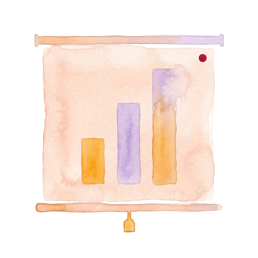 Watercolor illustration: a projection screen with three bars, the tallest bar still filling up.