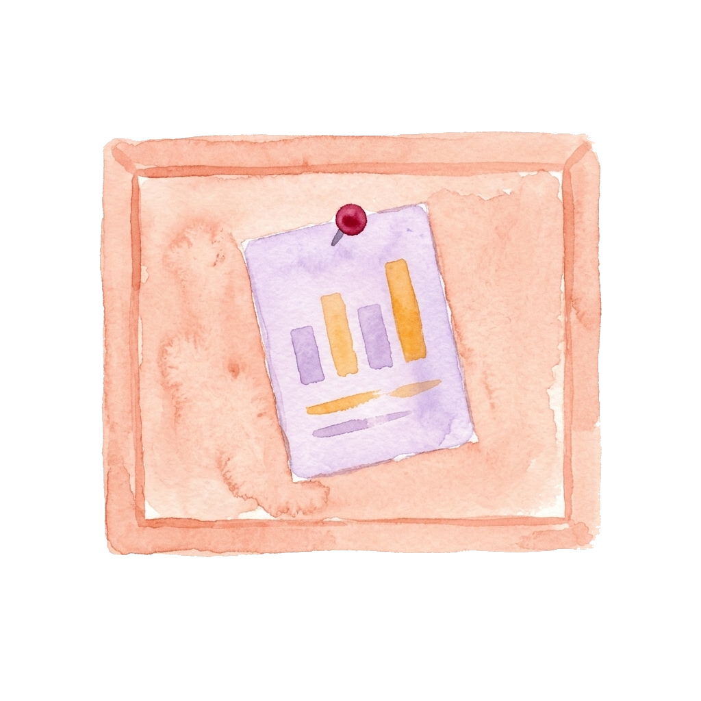 Watercolor illustration: a report with a small bar chart, pinned to a board.