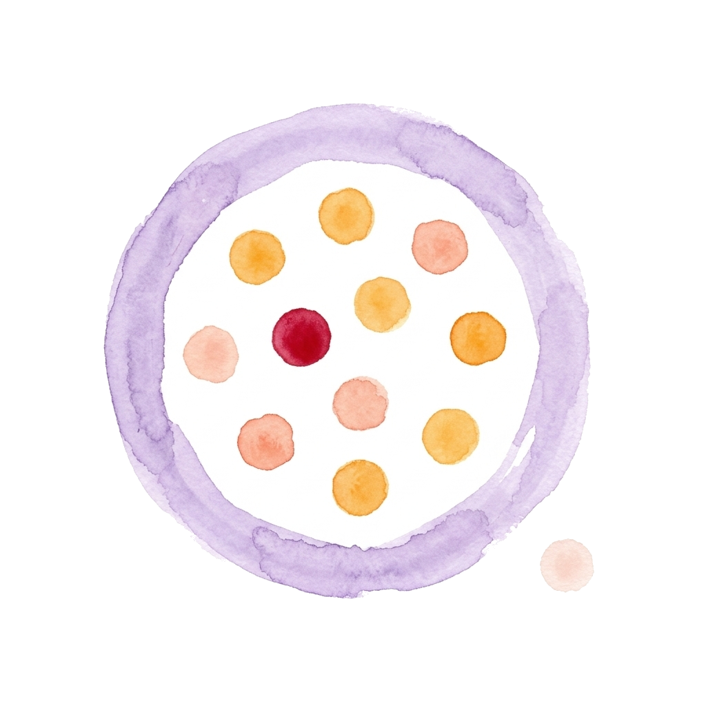Watercolor illustration: a group of dots inside a ring, a single pale dot outside it.