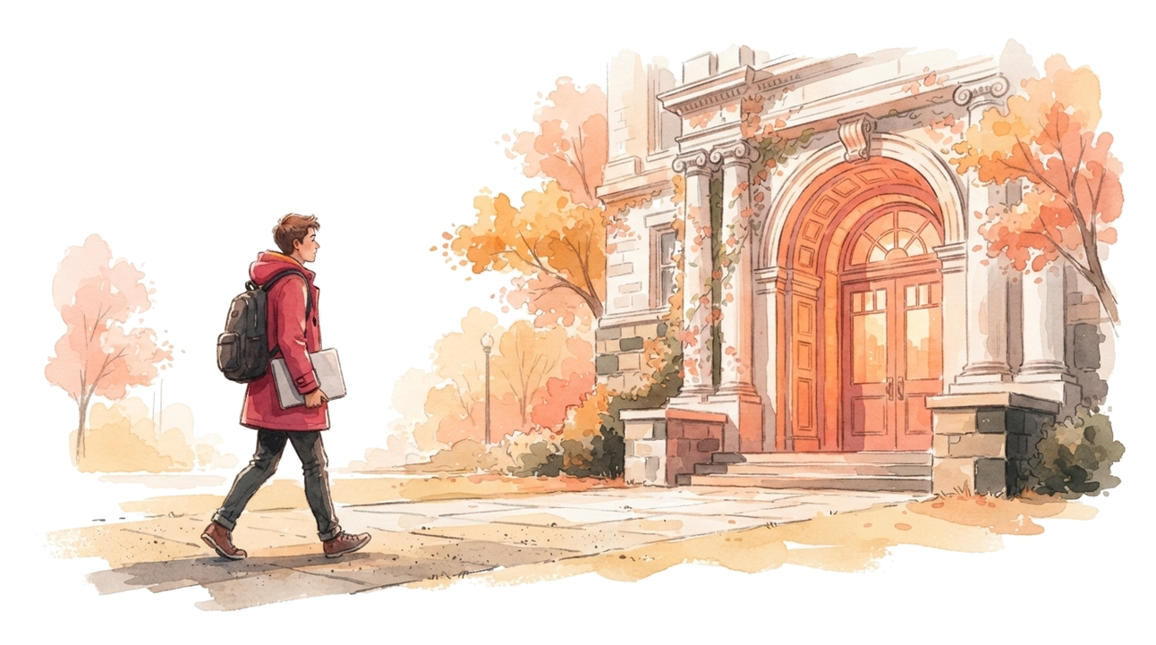 Painterly illustration: university building with a login flow into QUESTIONSTAR