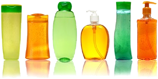 Row of product bottles in various colors — the range of variants of a product