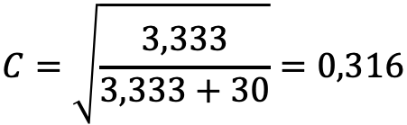 C = square root of 3.333 divided by (3.333 + 30) = 0.316