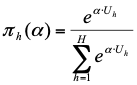 π_h(α) = e to the α·U_h divided by the sum of e to the α·U_h