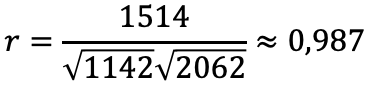 r = 1514 divided by (Sqrt 1142 times Sqrt 2062) ≈ 0.987