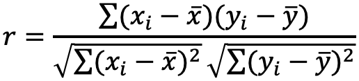 r = Sum (x_i − x̄)(y_i − ȳ) divided by Sqrt(Sum (x_i − x̄)²) times Sqrt(Sum (y_i − ȳ)²)