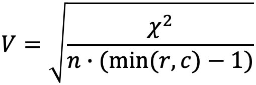 V = square root of χ² divided by n times (min(r,c) − 1)