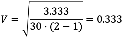 V = square root of 3.333 divided by 30 times (2 − 1) = 0.333