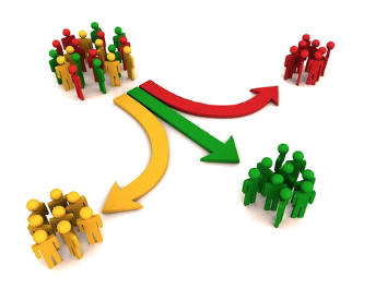 A heterogeneous overall group is divided into three internally homogeneous segments