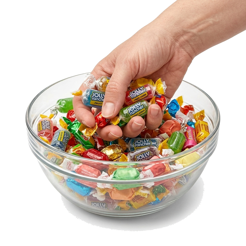 Hand reaching randomly into a bowl of candy